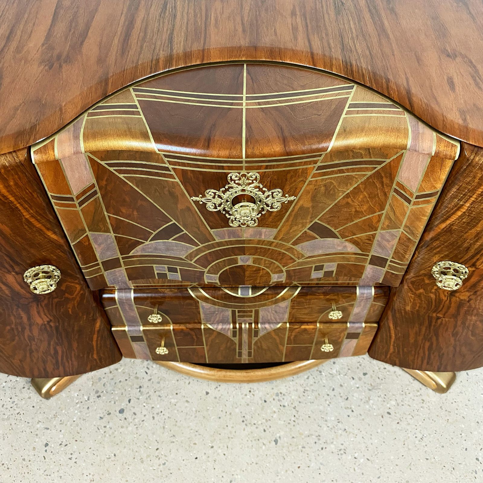 photo for sale Art Deco Beautility Walnut Cocktail Cabinet With Geometric Marquetry Style Sunrise Design
