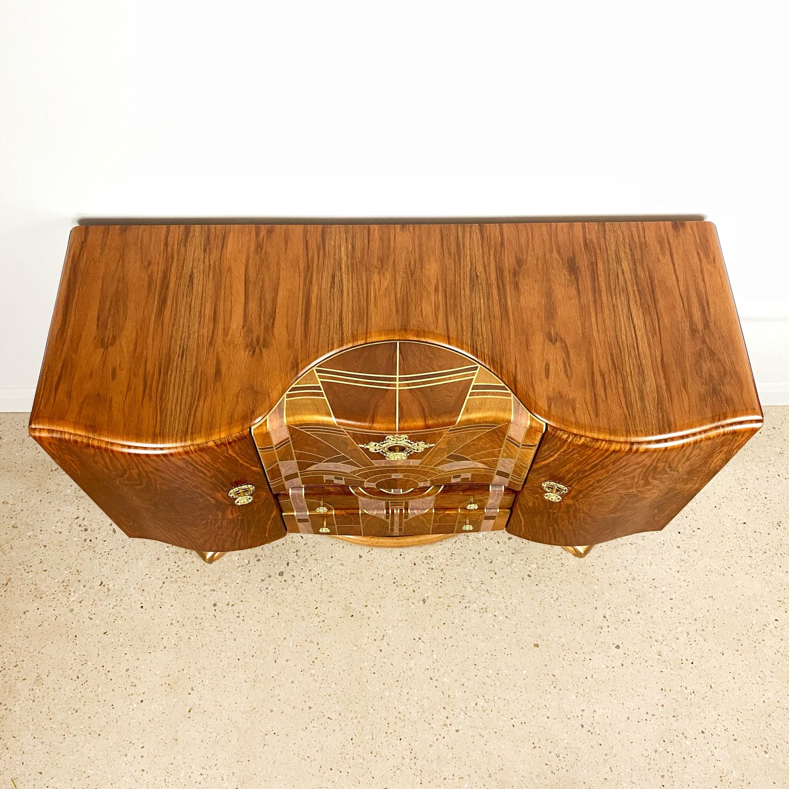 Furniture Art Deco Beautility Walnut Cocktail Cabinet With Geometric Marquetry Style Sunrise Design photo
