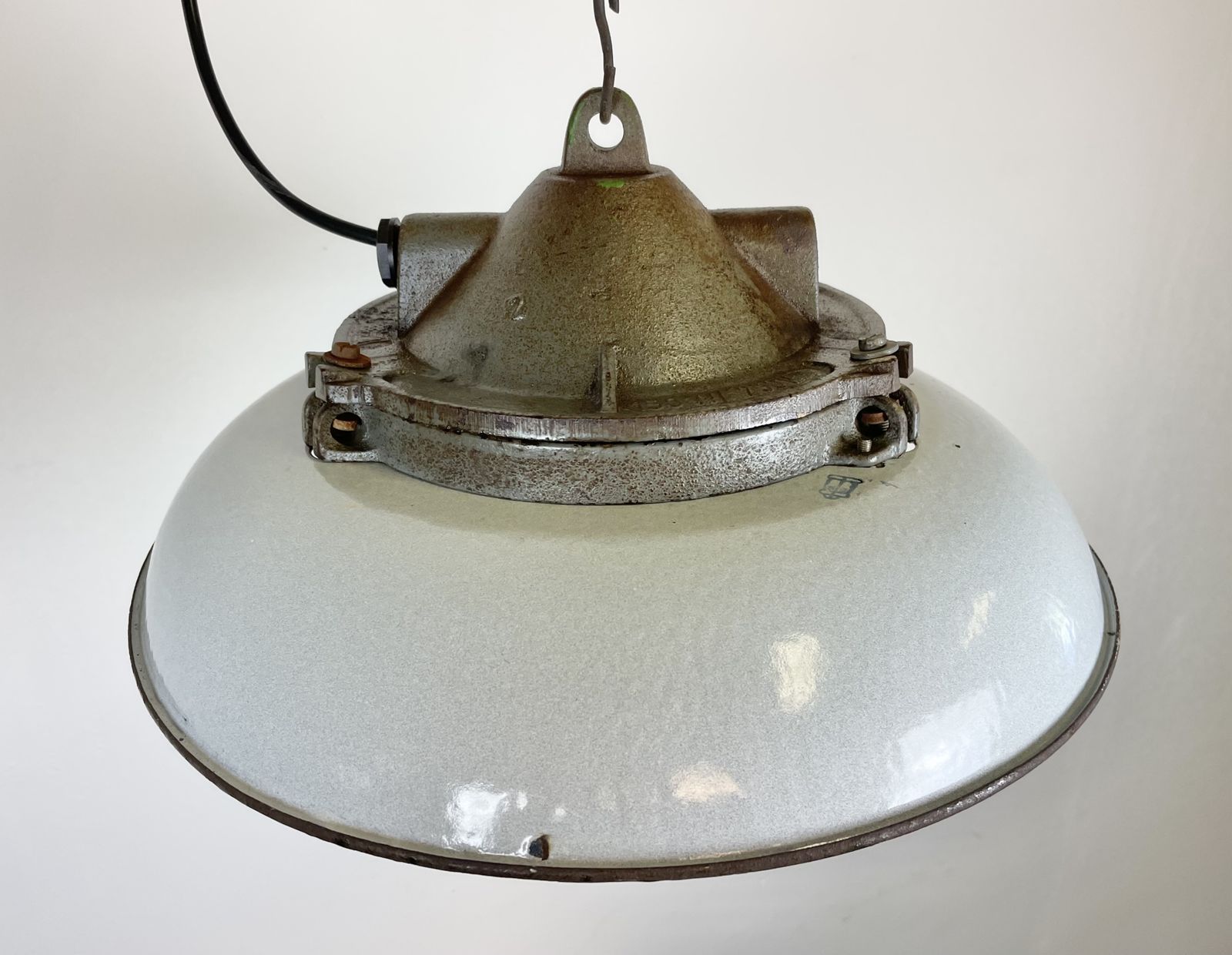 Industrial Grey Enamel Factory Pendant Lamp In Cast Iron From Zaos, 1960s, 25x photo for sale