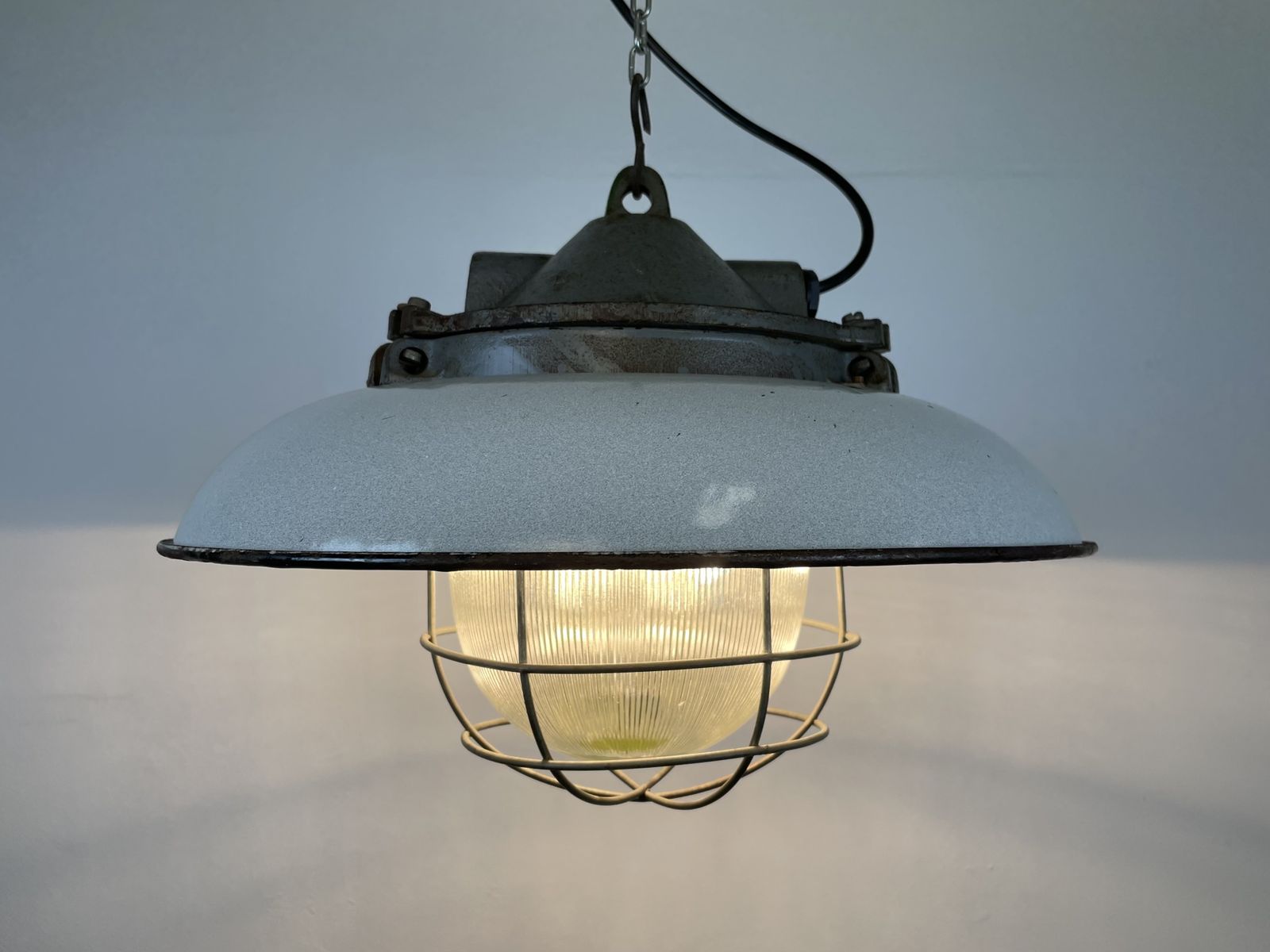 photo buy Industrial Grey Enamel Factory Cage Pendant Lamp In Cast Iron From Zaos, 1960s, 25x