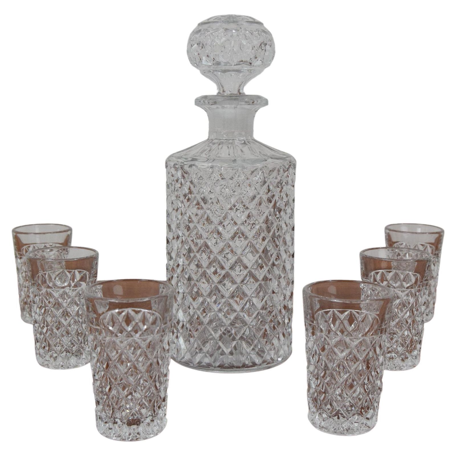 Mid Century Set Of Six Glass And Carafe, Bohemia Crystal, 1950´S