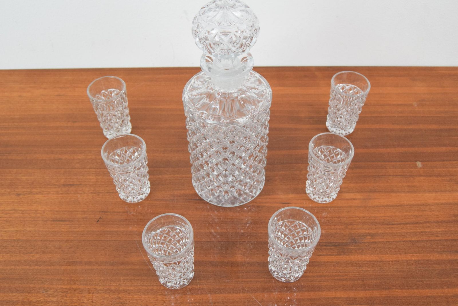 Mid Century Set Of Six Glass And Carafe, Bohemia Crystal, 1950´S photo for sale