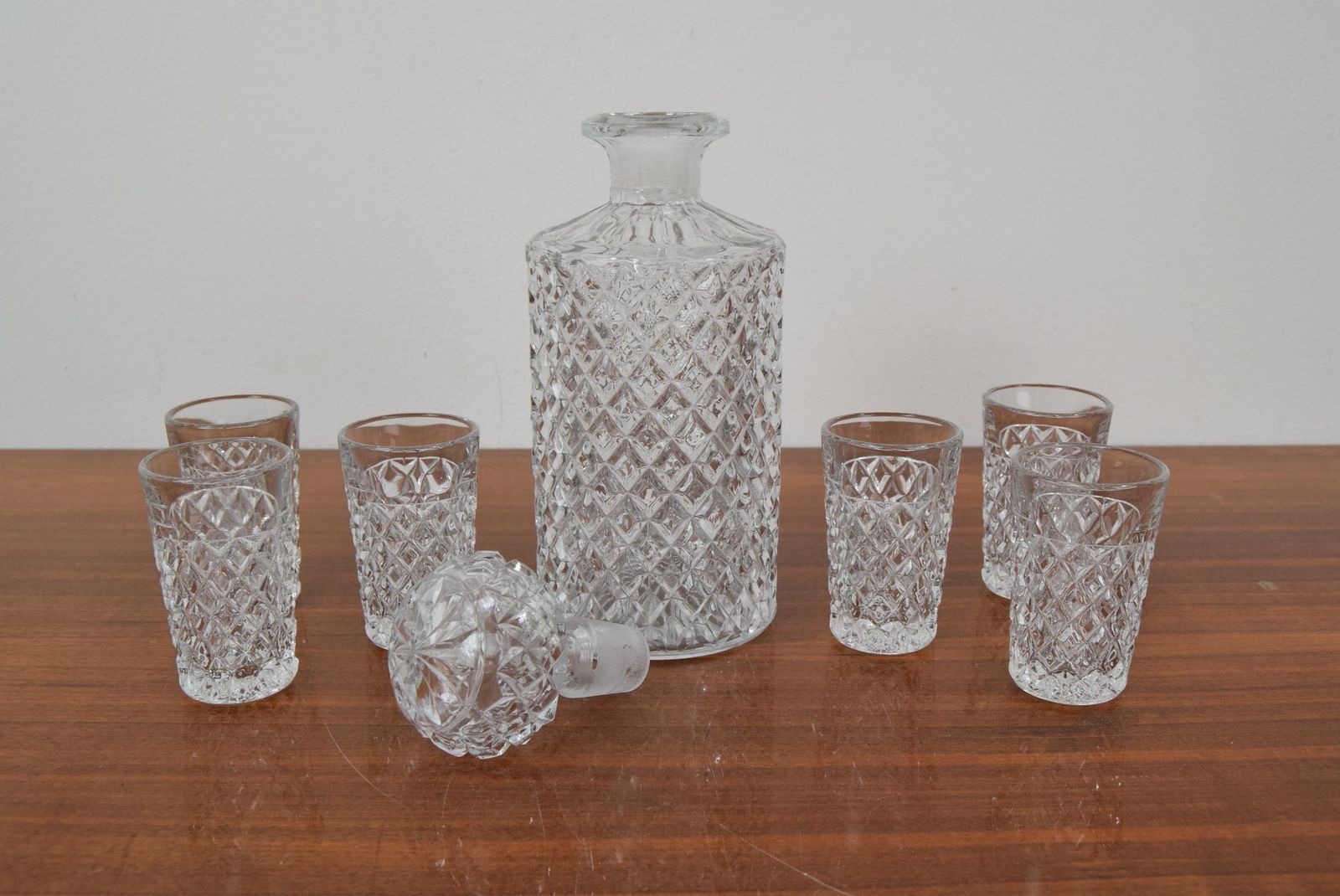 Mid Century Set Of Six Glass And Carafe, Bohemia Crystal, 1950´S photo vinterior