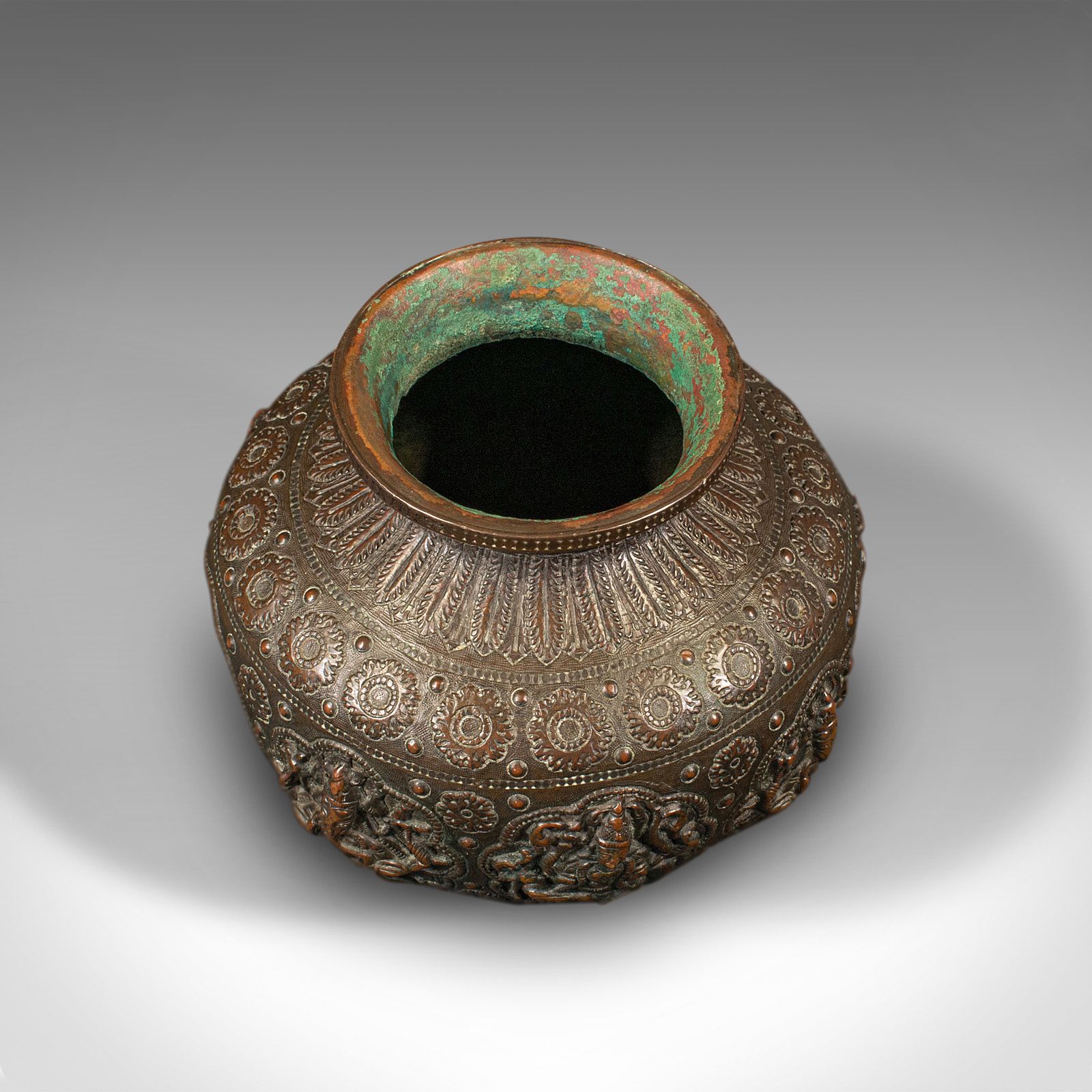 Antique Celebration Pot, Indian, Bronze, Diwali Vase, Ganesh, Lakshmi photo for sale