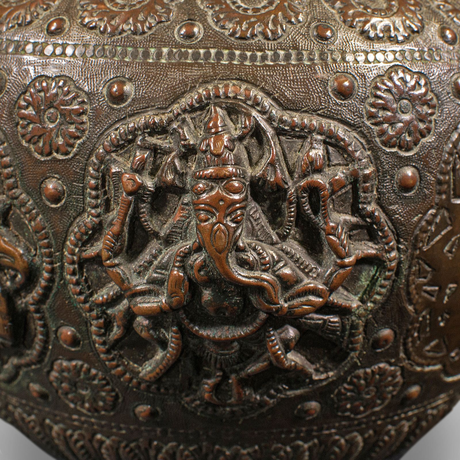 Antique Celebration Pot, Indian, Bronze, Diwali Vase, Ganesh, Lakshmi photo buy