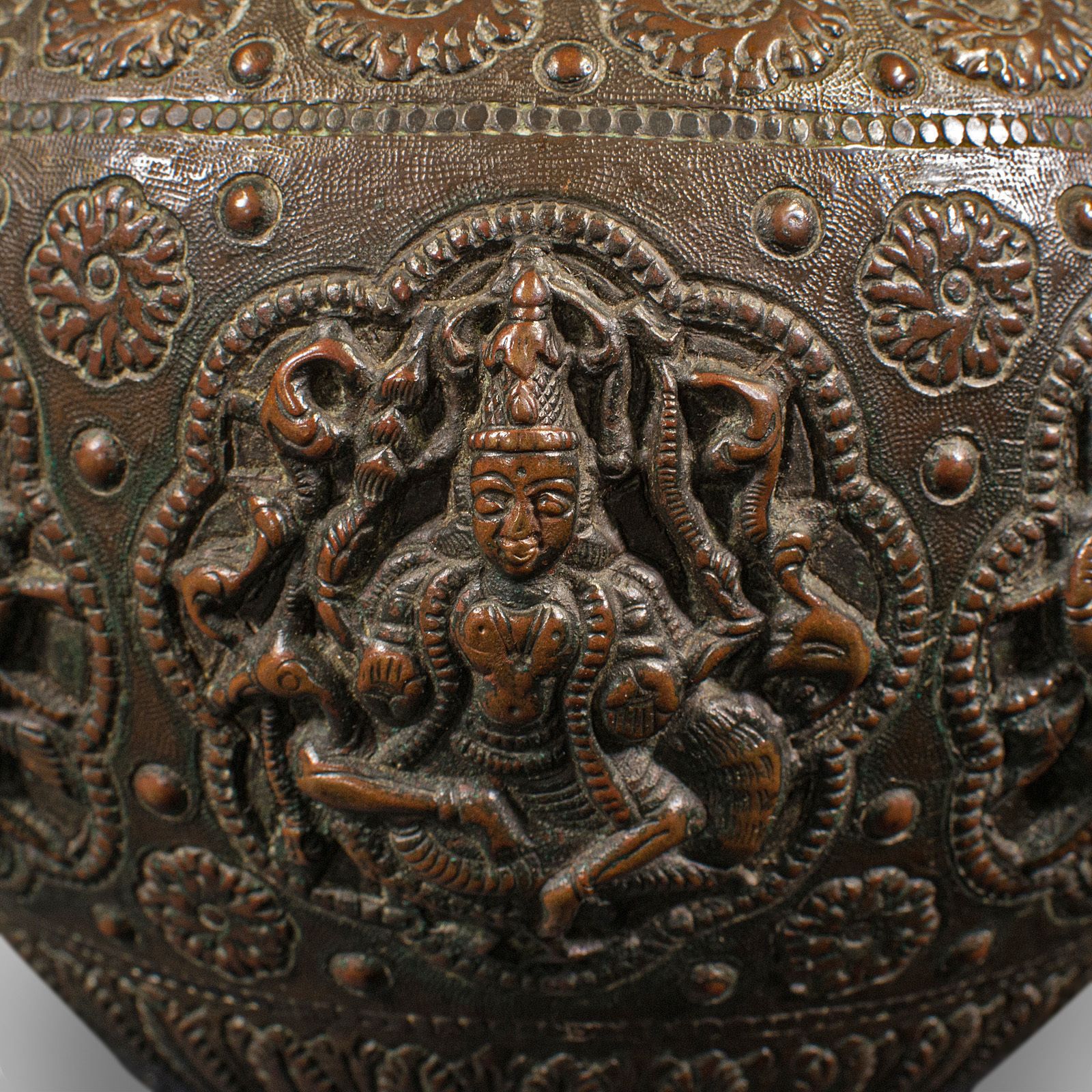 photo for sale Antique Celebration Pot, Indian, Bronze, Diwali Vase, Ganesh, Lakshmi