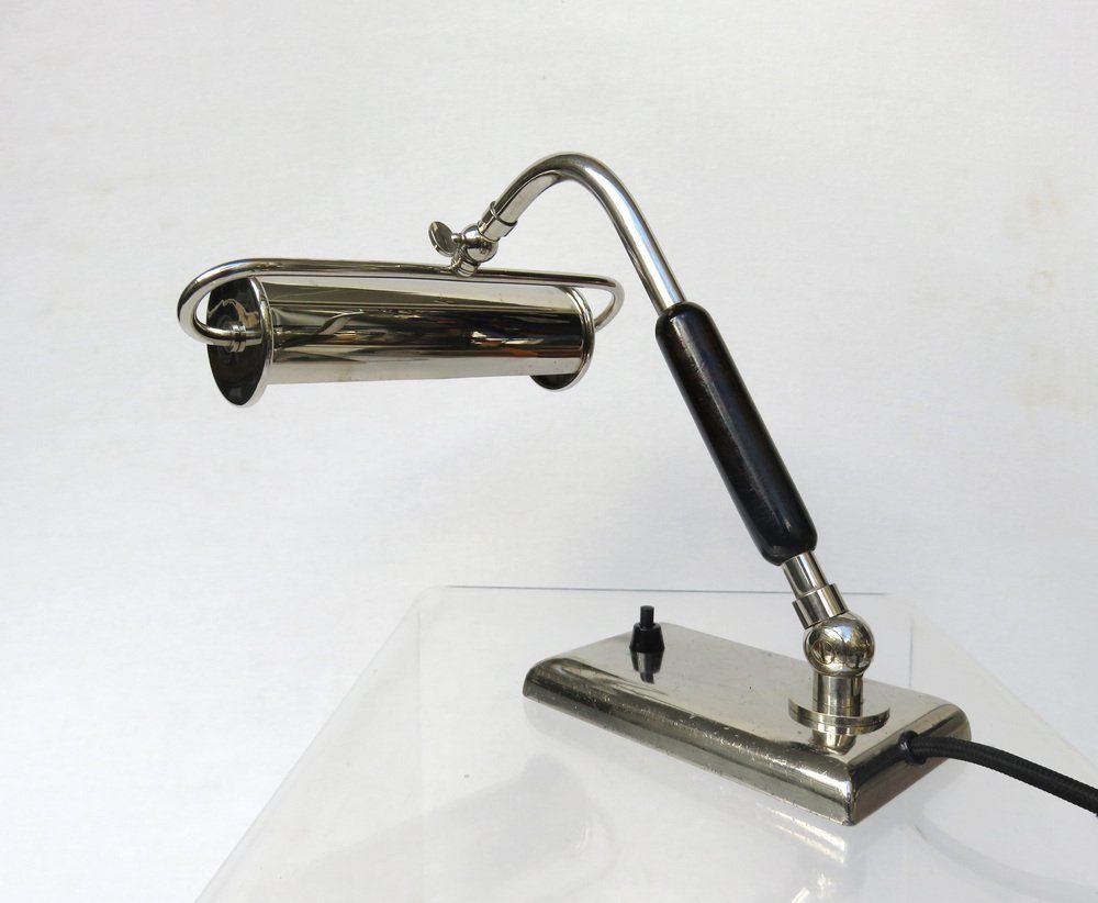 Art Deco Nickel Plated And Black Wood Piano Table Lamp photo vinterior