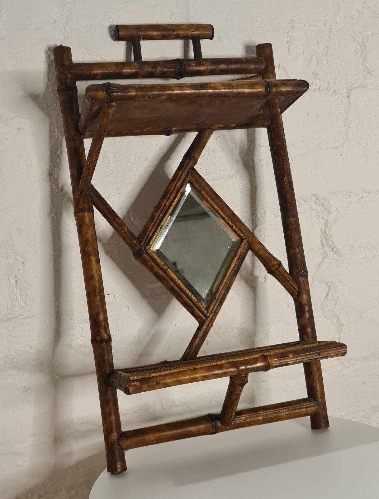 Antique Arts And Crafts  Aesthetic Movement Tiger Bamboo Hallway Mirror With Shelves photo for sale