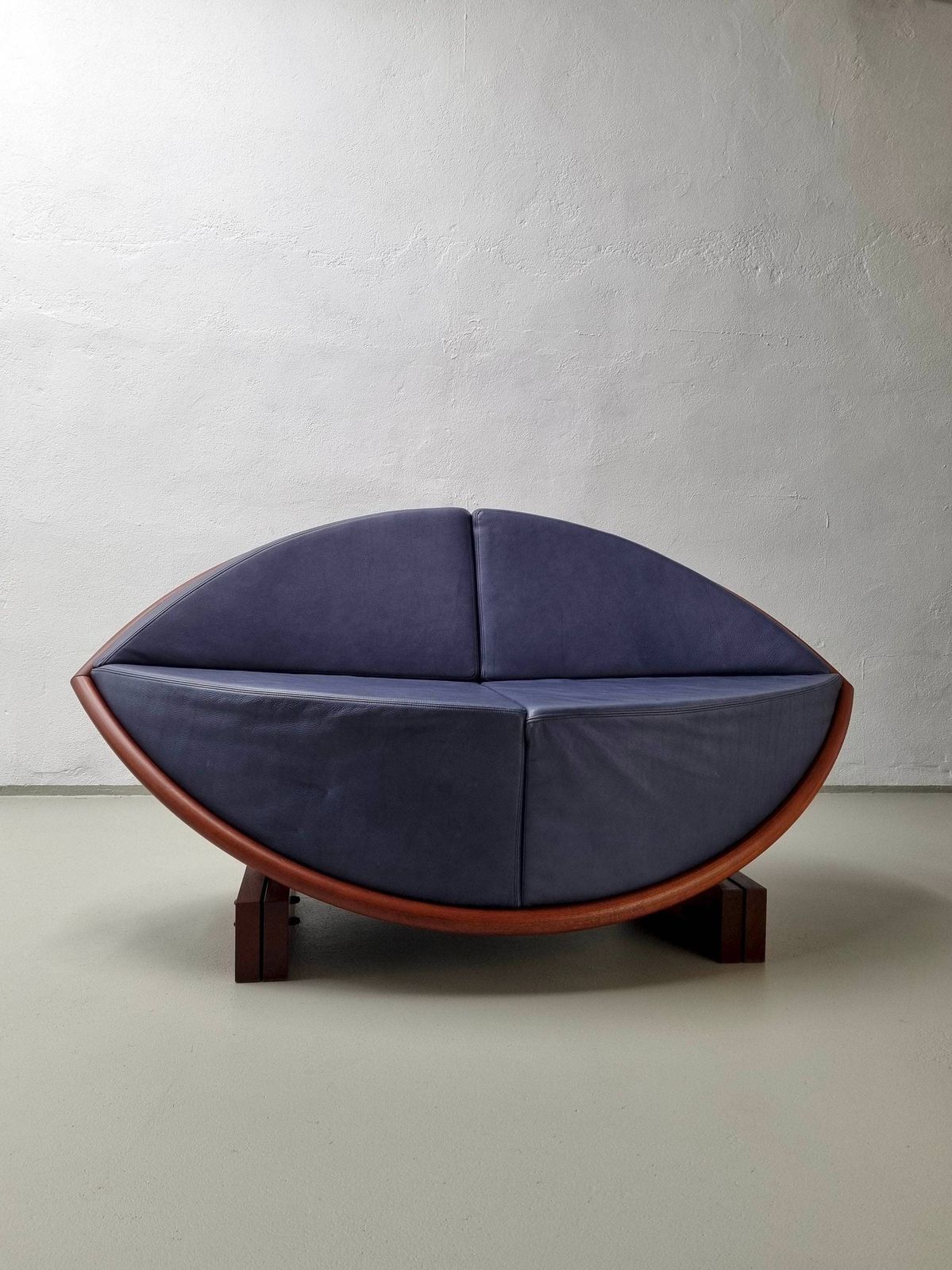 Källemo Blue Leather Sofa/"Keflavik" By Sigurdur Gustafsson/Mahogany Steel Leather/2000s/Vintage photo furniture