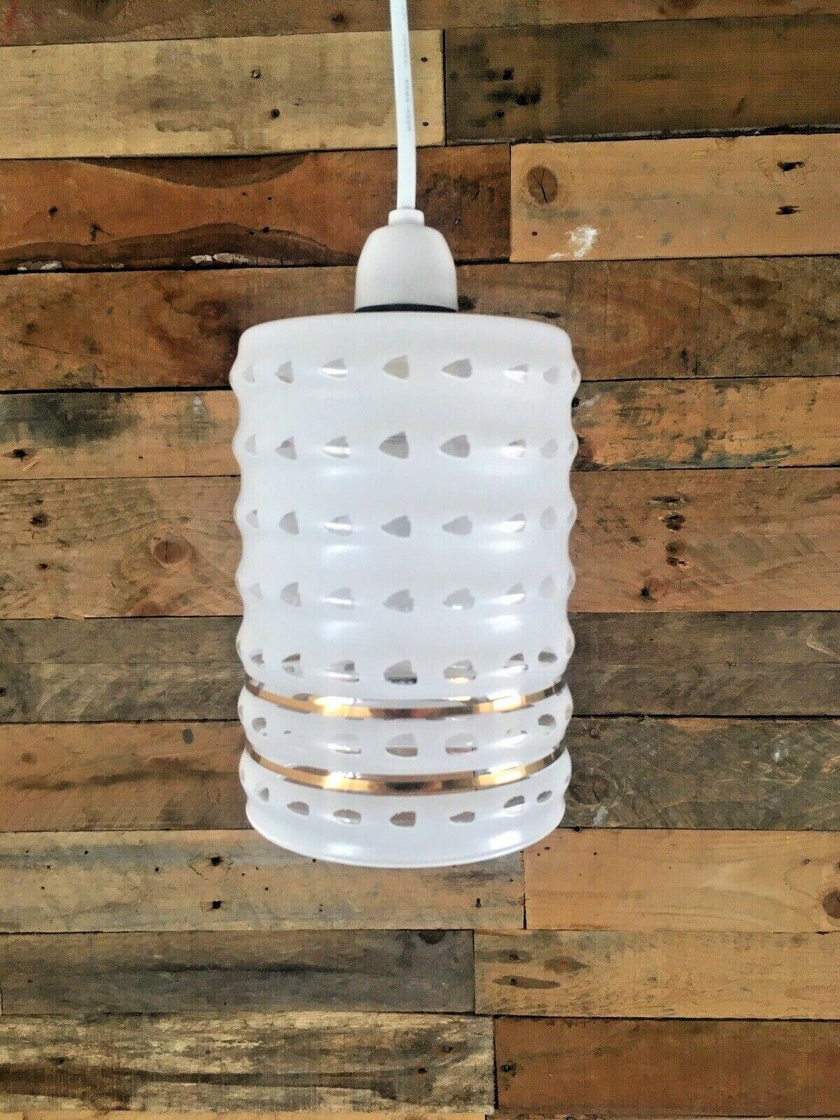 Retro 70's White Glass Gold Bands Rippled Light Lamp Shade Op Art Mid Century