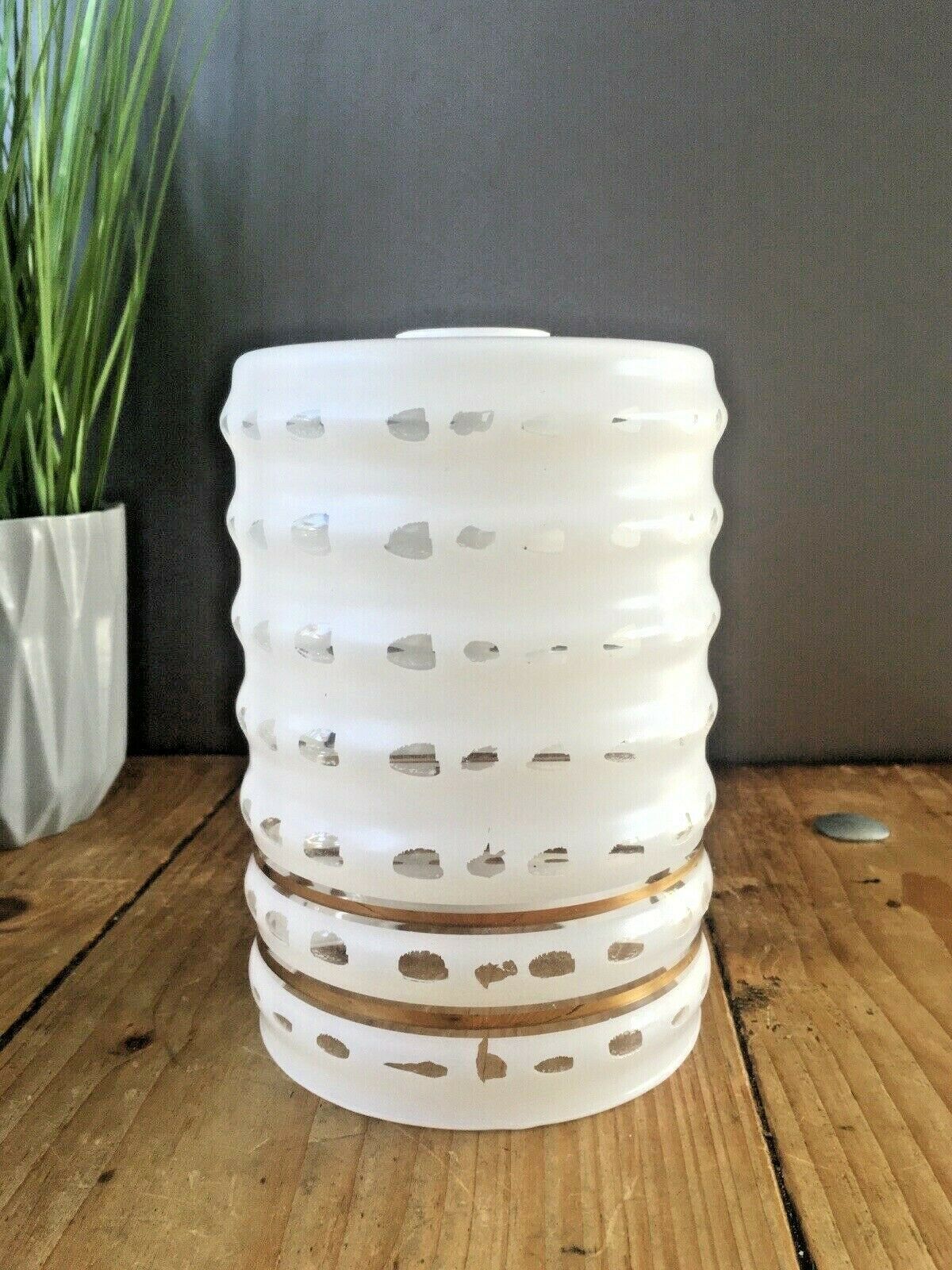 Retro 70's White Glass Gold Bands Rippled Light Lamp Shade Op Art Mid Century photo Lighting