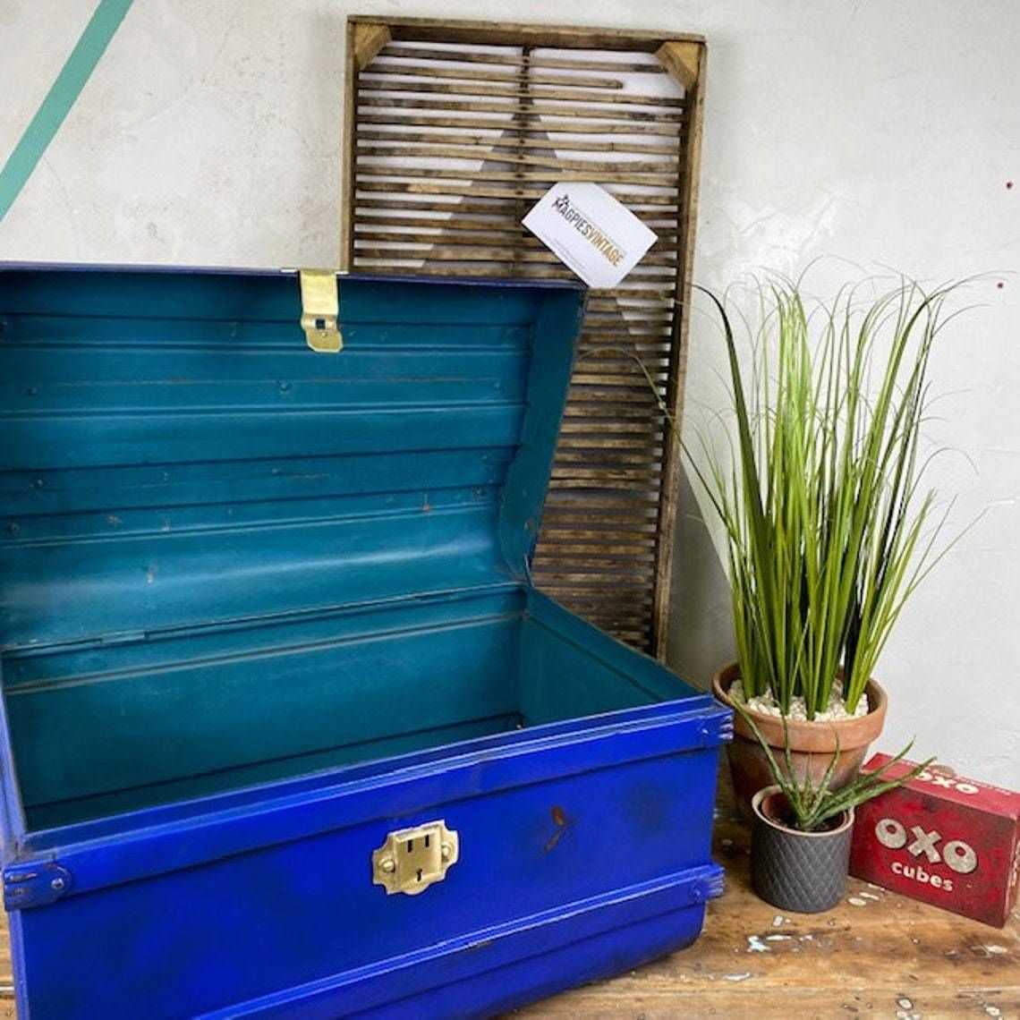 Sml Industrial Blue Steamer Trunk Chest Coffee Table Storage Box photo buy