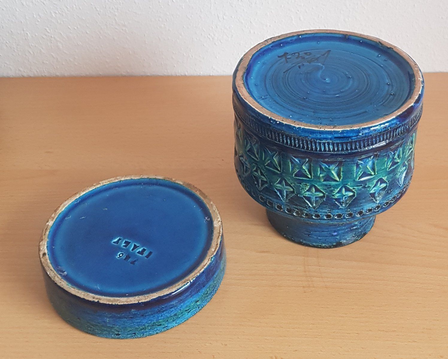 Italian Rimini Blue Vase And Ashtray From Bitossi 1960s Set Of 2 photo for sale