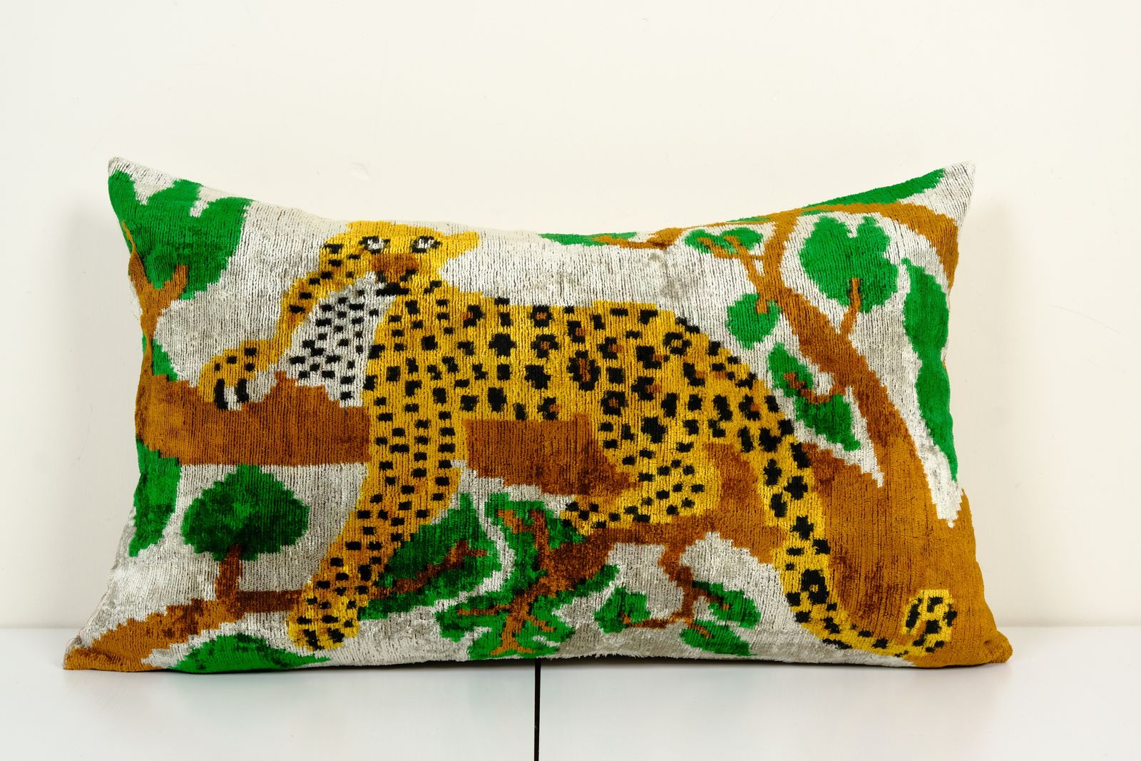 Ikat Velvet Pillow Cover, Tiger Silk Velvet Lumbar Pillow Cover, Uzbek Animal Cushion Cover 16" X 24"