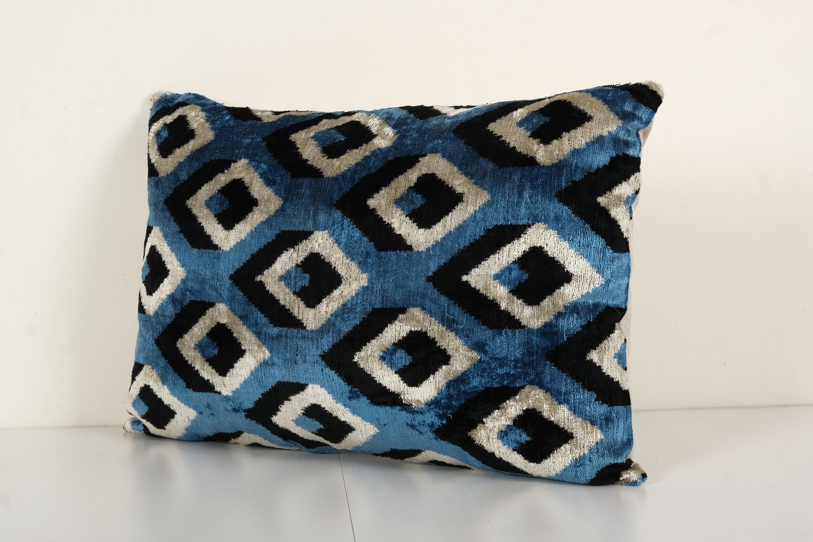 Blue Silk Ikat Velvet Pillow Cover   Uzbek Lumbar Cushion   Pair Ethnic Decorative Pillow   Velvet Ikat Pillow 16" X 24" photo furniture