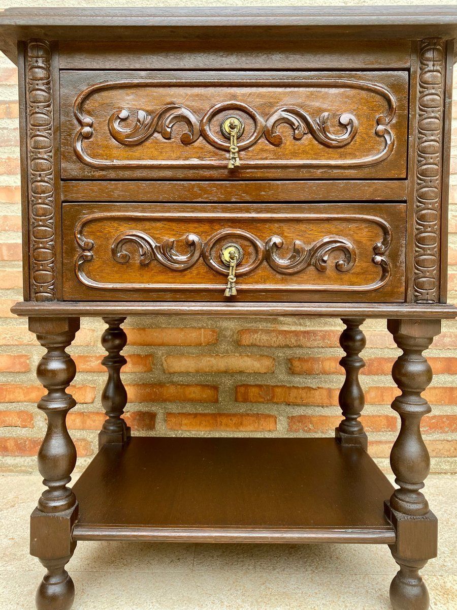 French Nightstands In Carved Walnut Two Drawers And Shelf, Set Of 2 photo Furniture