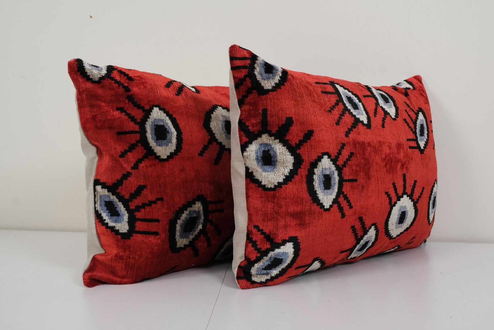 16" X 24" Ikat Eye Red Pillow Pillow Cover   Silk Ethnic Velvet Lumbar Pillow Cover   Ethnic Decorative Pillow   Velvet Ikat Pillow Set Of Two photo furniture