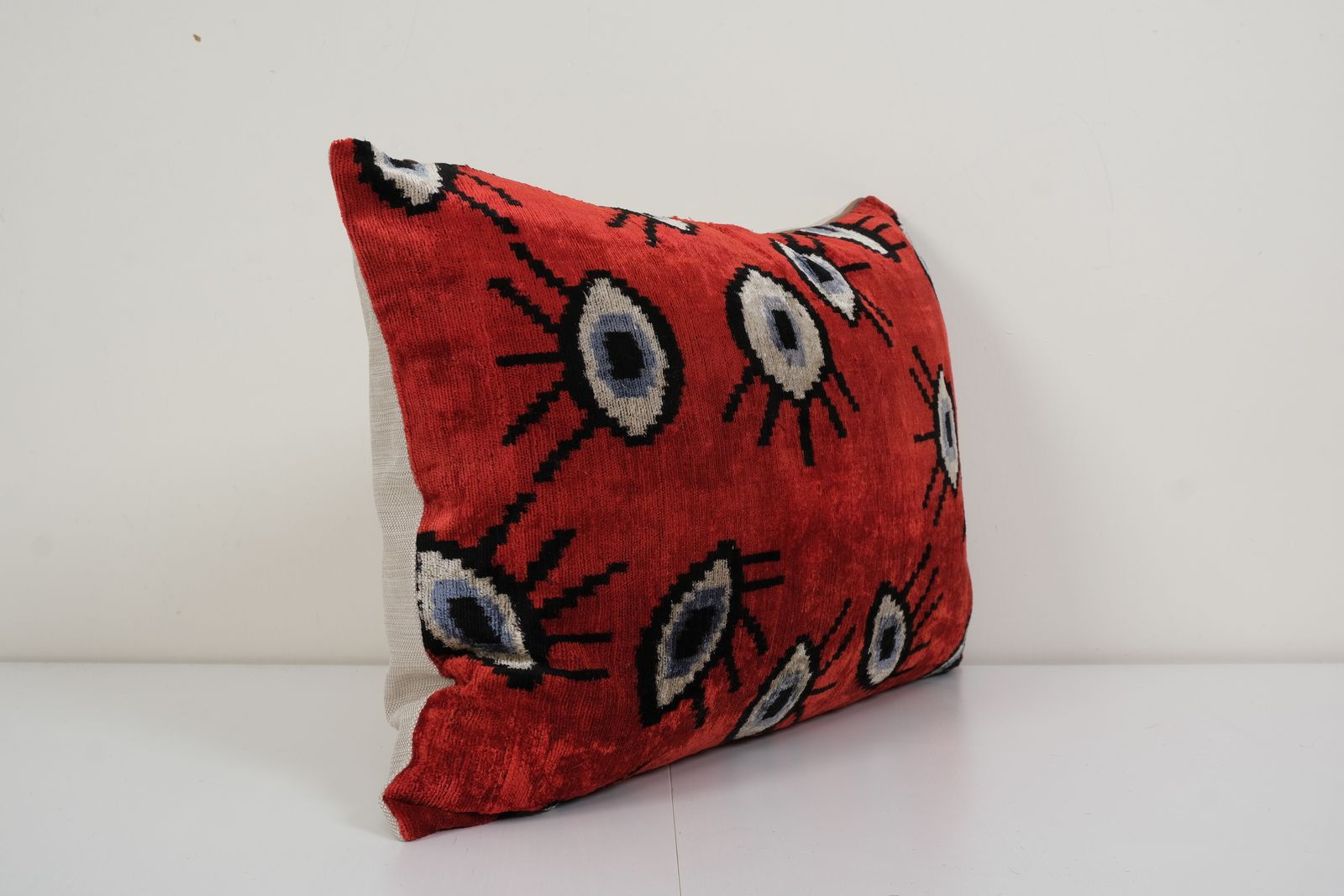 16" X 24" Ikat Eye Red Pillow Pillow Cover   Silk Ethnic Velvet Lumbar Pillow Cover   Ethnic Decorative Pillow   Velvet Ikat Pillow photo Textiles
