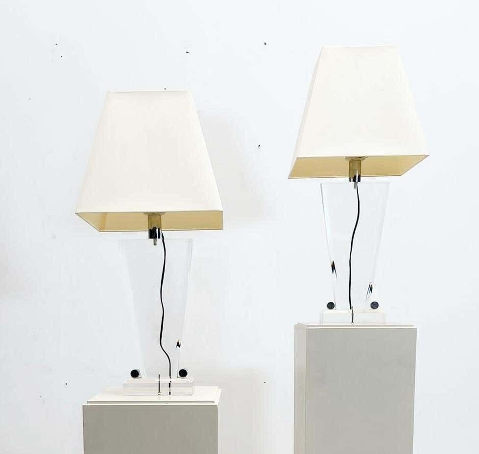 photo for sale Pair Of Mid Century Plexiglass Table Lamp With Lampshade   Italy 1970s