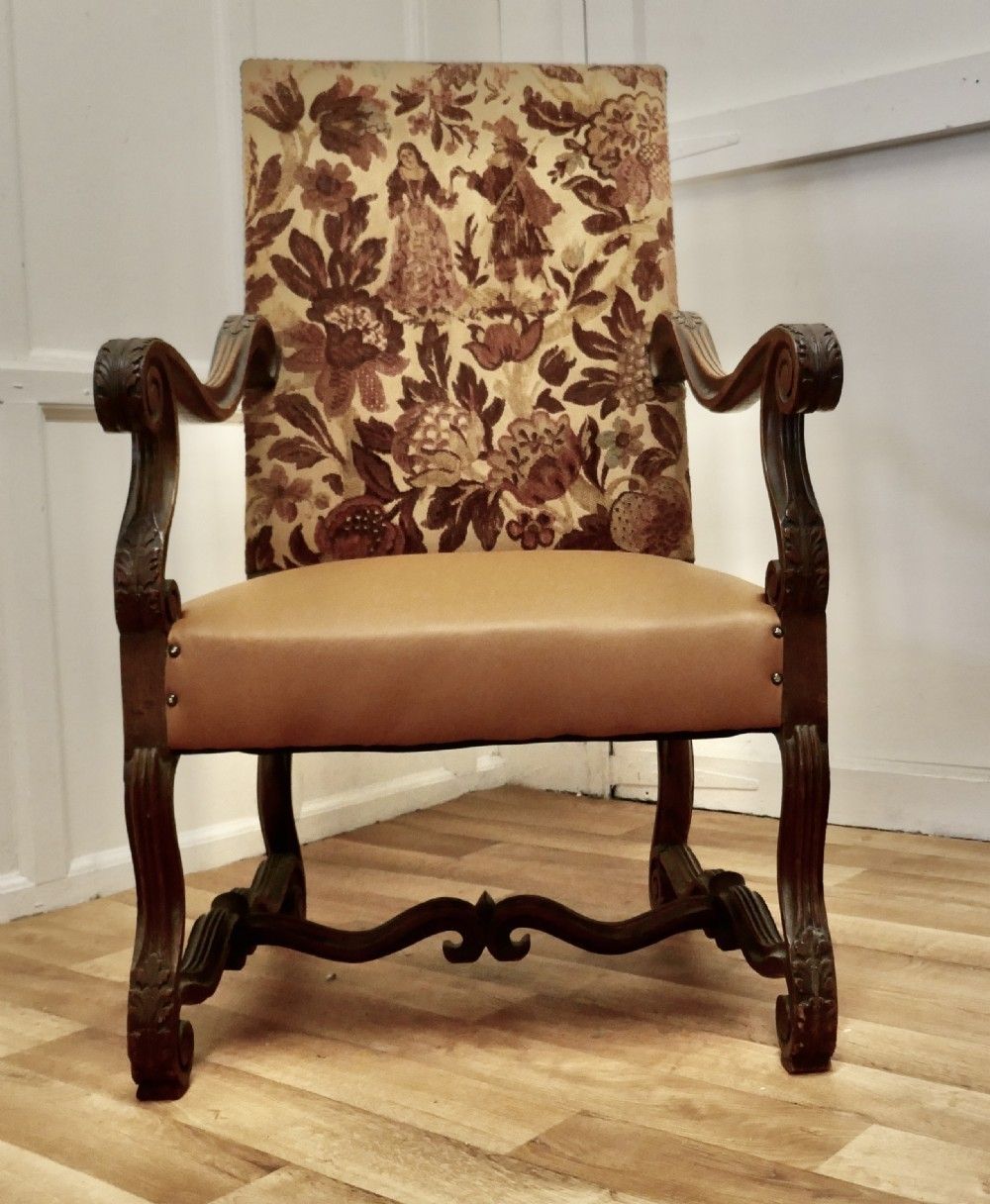 Carved French Oak Salon Throne Chair  Original Pictorial Upholstery