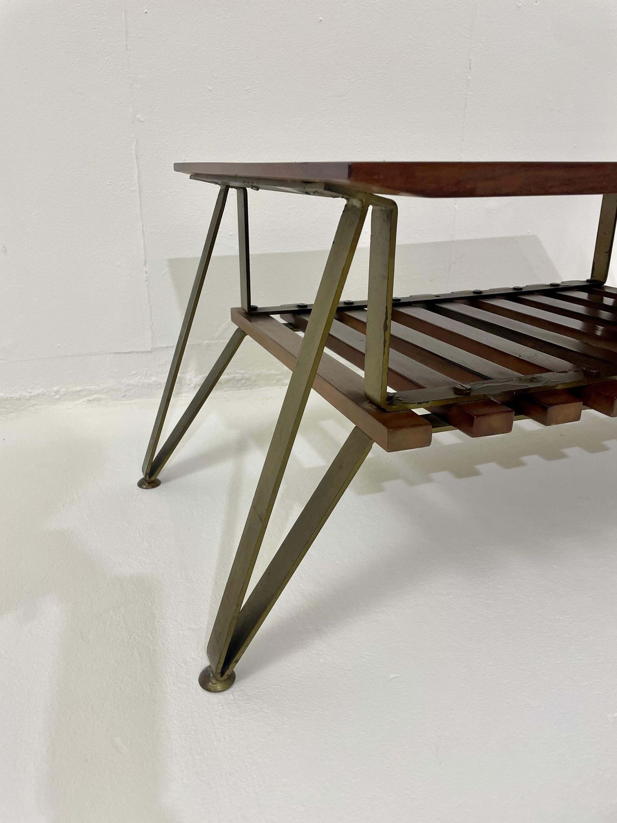 Mid Century Modern Italian Coffee Table With Magazine Rack, Wood And Metal, 1960 photo furniture