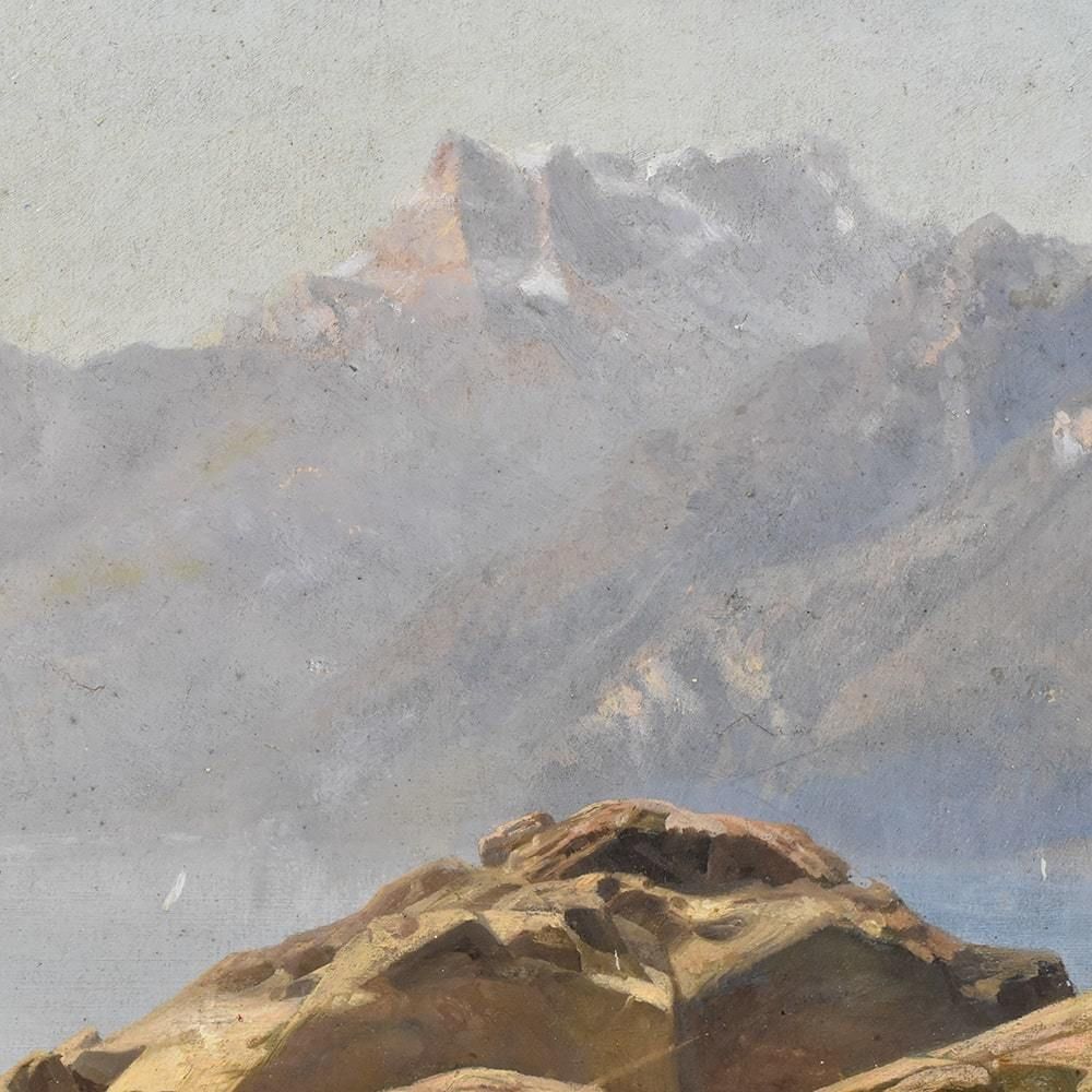 Antique Mountain Landscape Painting, Oil On Paper, XIX Century. (Qp405) photo vinterior