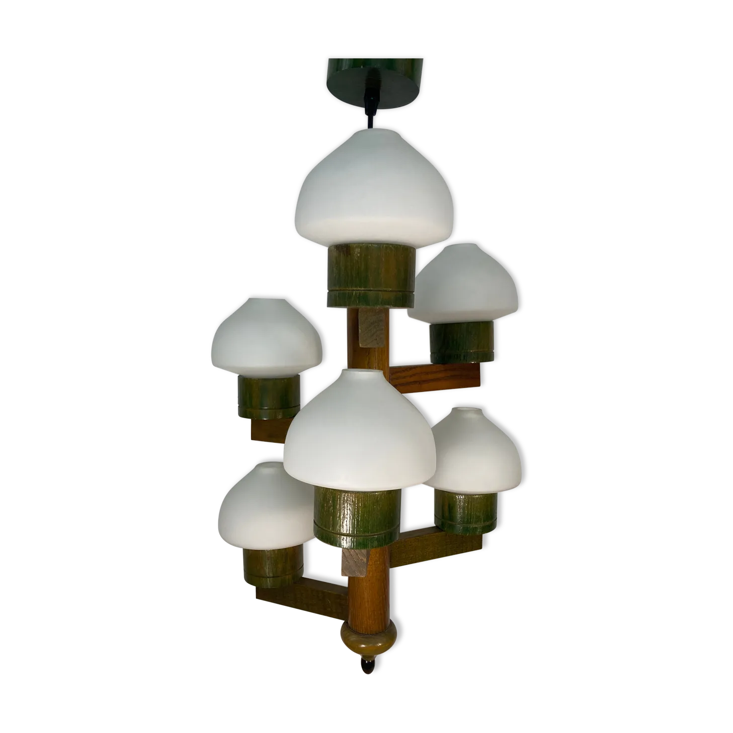 Midcentury Scandinavian Wood And Opaline Glass Hanging Pendant