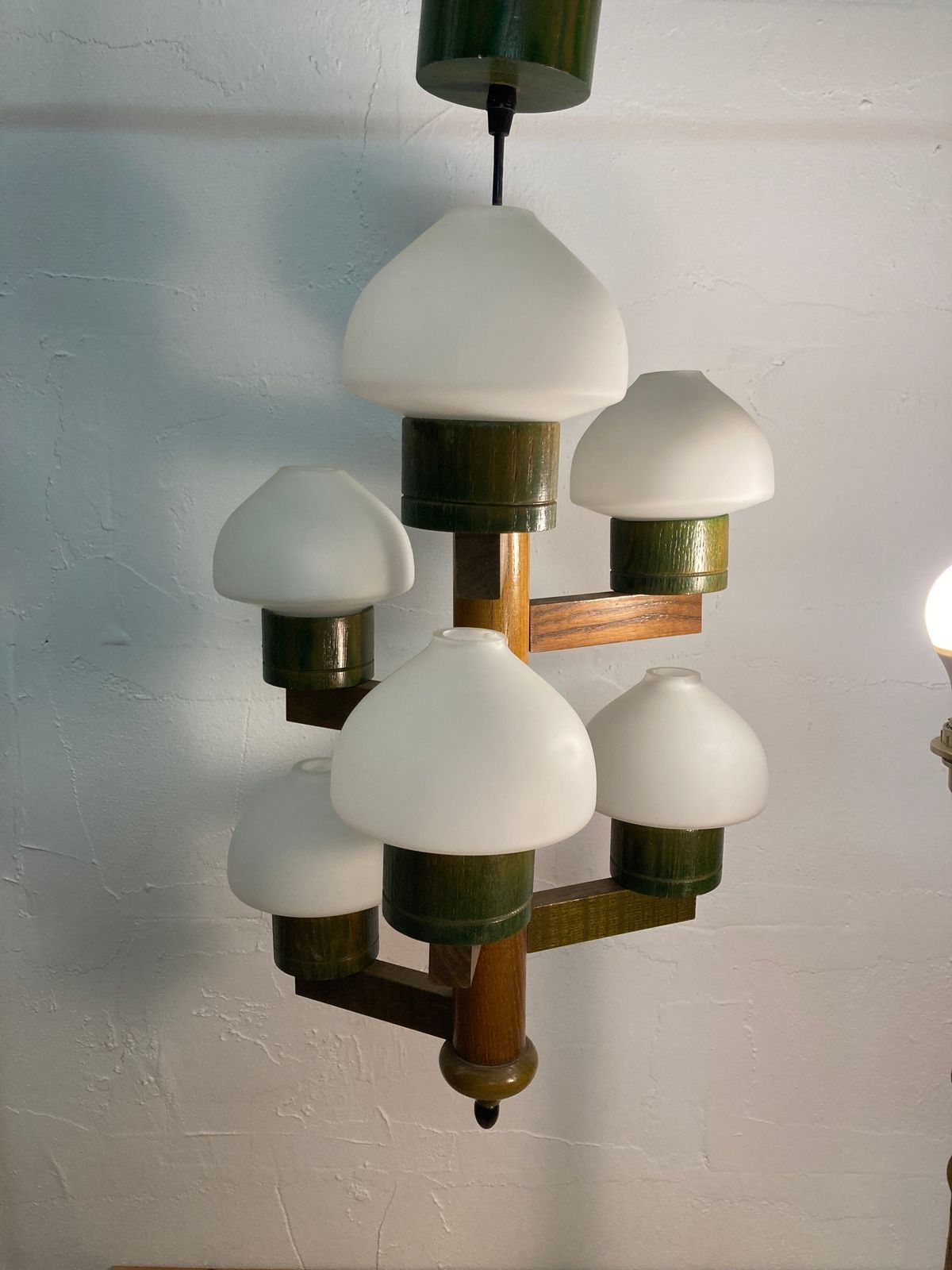 Midcentury Scandinavian Wood And Opaline Glass Hanging Pendant photo furniture