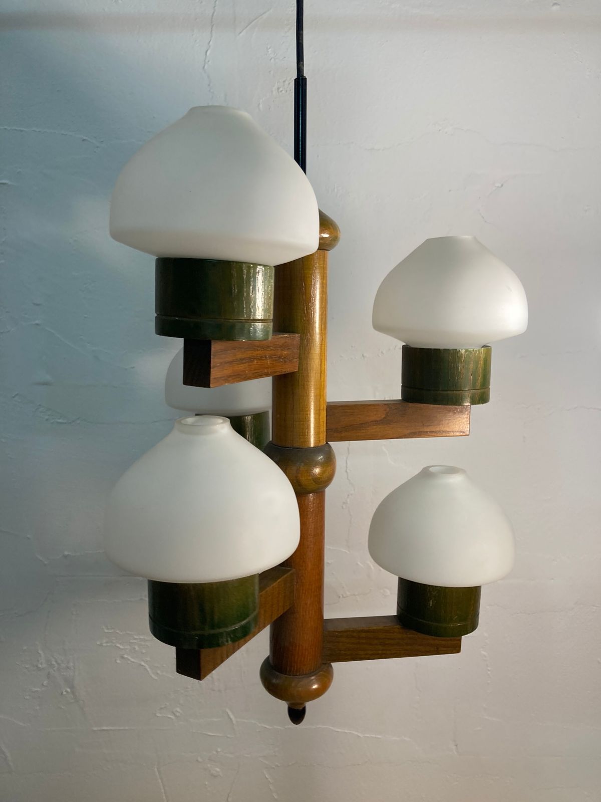 420.16 Midcentury Scandinavian Wood And Opaline Glass Hanging Pendant photo