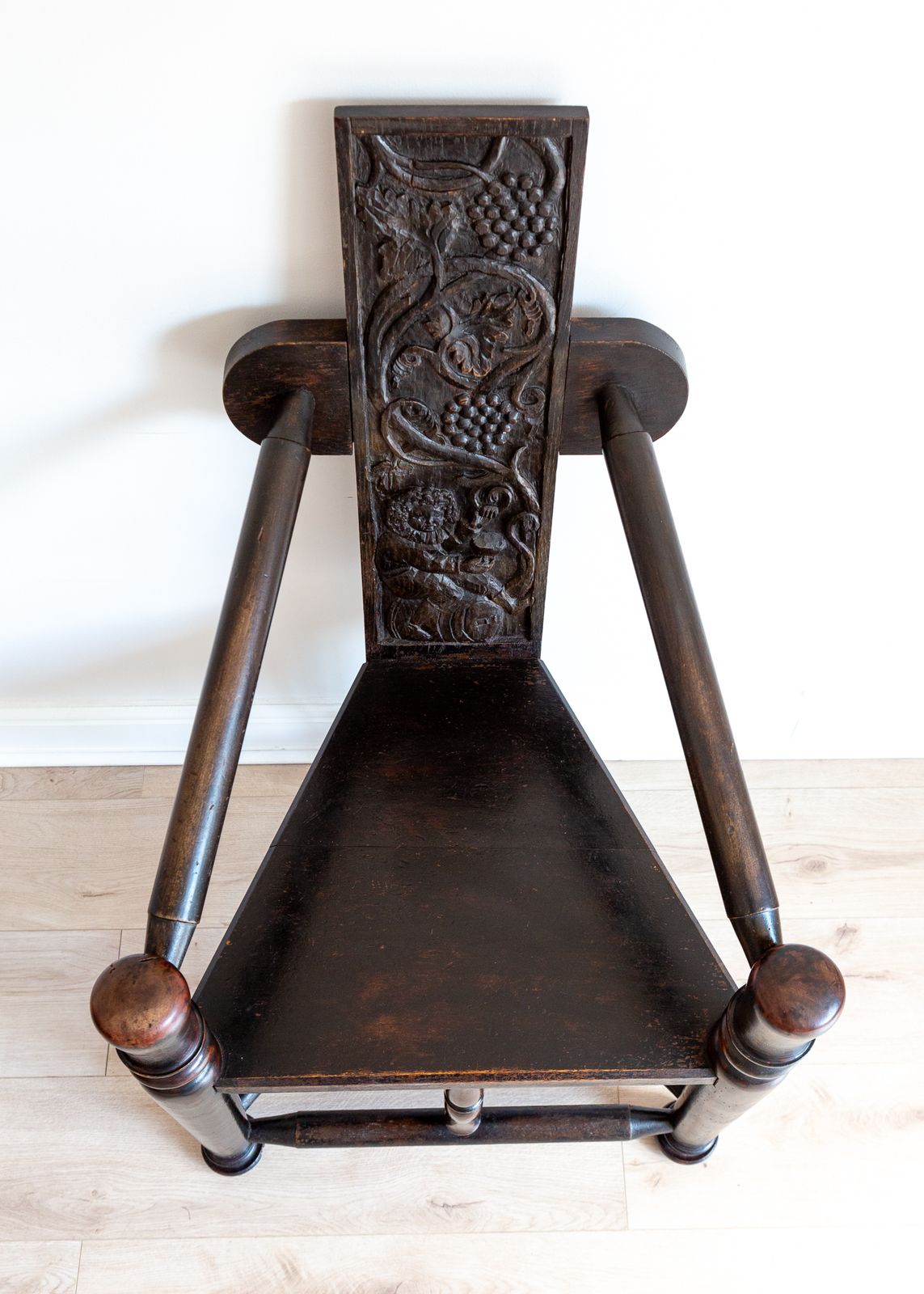 photo for sale Unique 18th Century Tall Back Carved Turner’s Chair Lacquered Statement Throne Chair