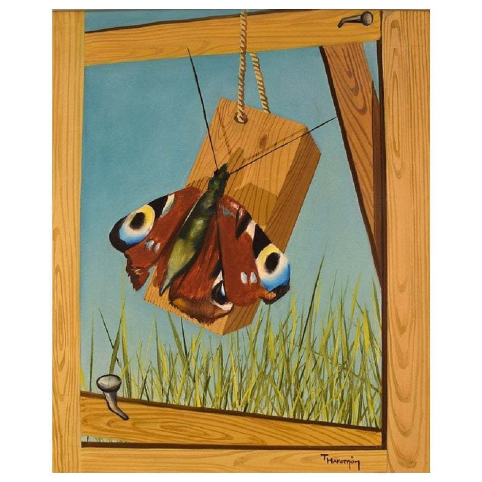 Thomas Hafström (B. 1954), Swedish Artist, Oil On Canvas, Butterfly On Woodwork