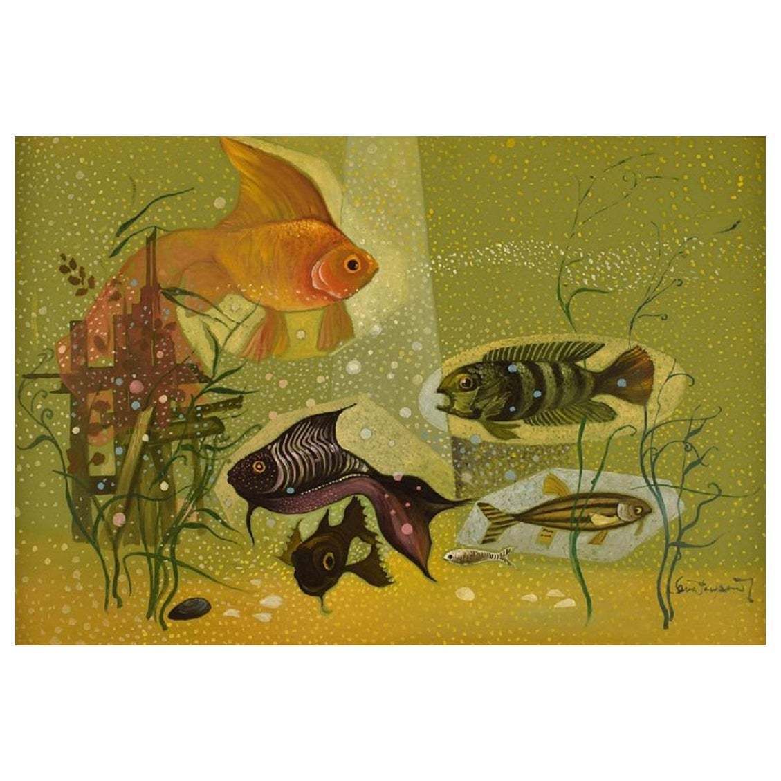 Ove Persson, Swedish Artist, Oil On Board, "Aquarium"