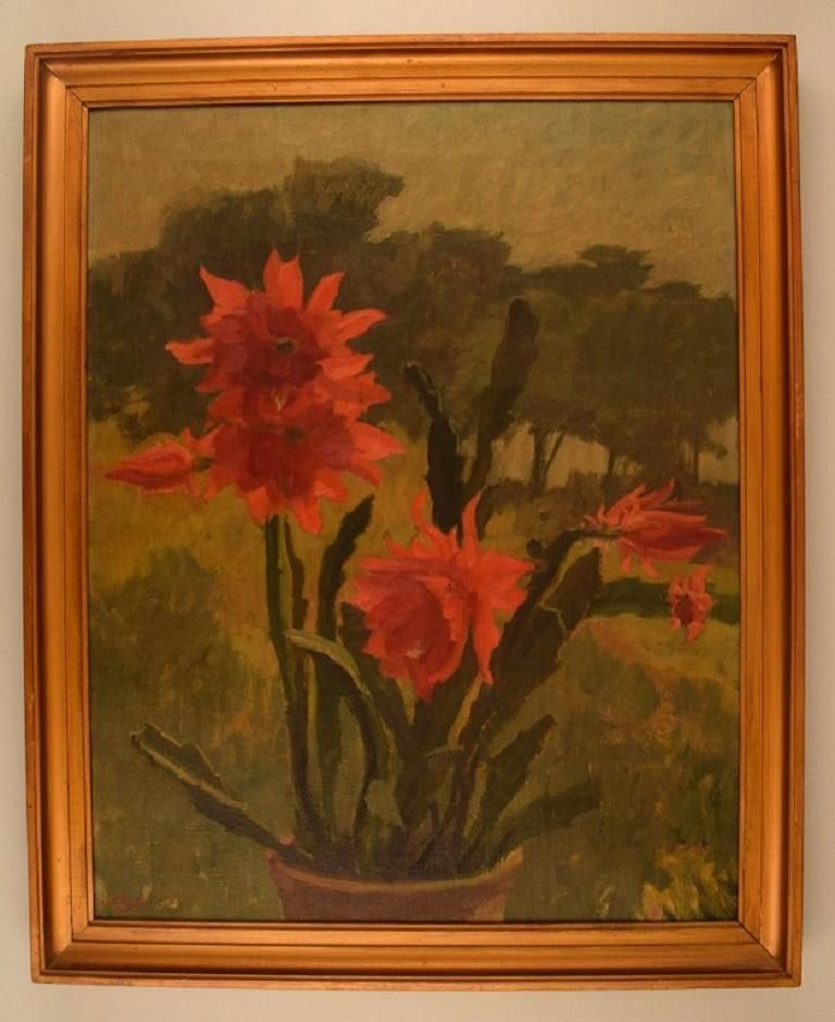 Edvard Sarvig, Denmark, Oil On Canvas, Flowers In Pot, Dated 1951 photo furniture