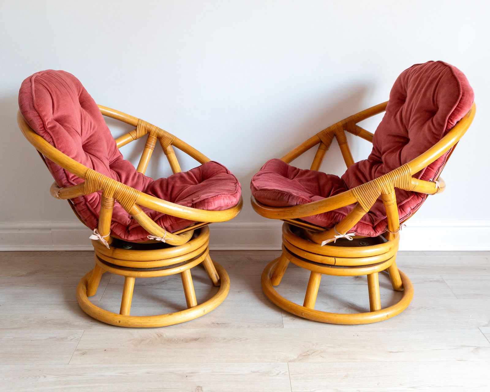 Rare Pair Of 1970s Bamboo Swivel Chairs Mcm Easy Chairs By Angraves Of Leicester photo for sale