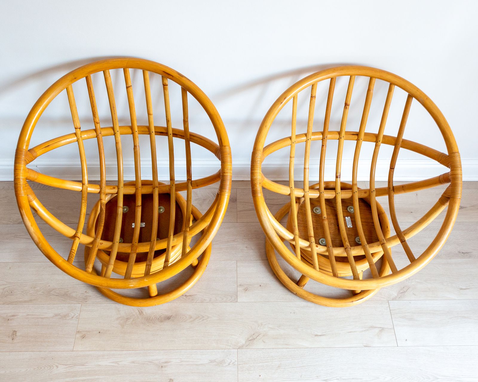 photo for sale Rare Pair Of 1970s Bamboo Swivel Chairs Mcm Easy Chairs By Angraves Of Leicester