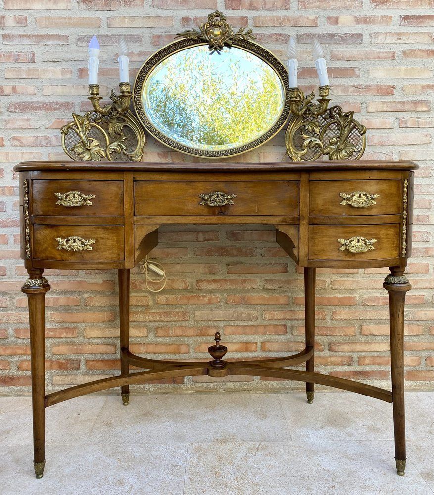 French Walnut And Bronze Dressing Table Or Vanity With Candelabra Arms