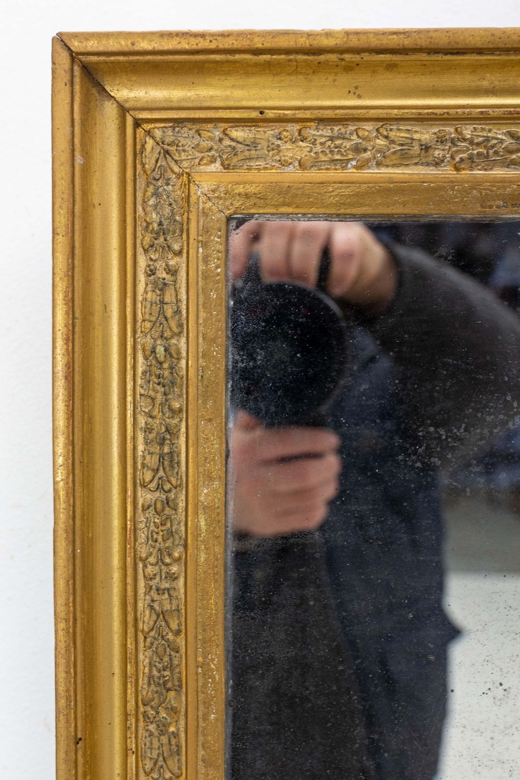 French Golden Frame Stucco Mirror Vegetal Patterns, Early 20th Century photo for sale