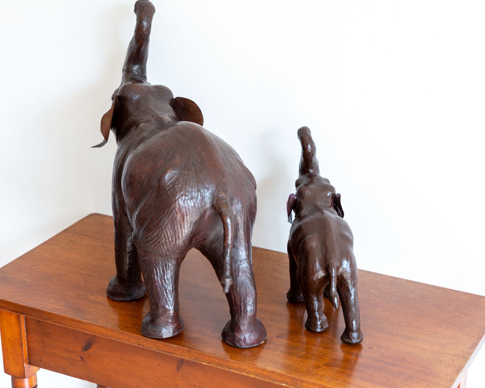 Pair Of Vintage Mother And Baby Leather Elephant Statues Figurines Liberty Mcm photo for sale