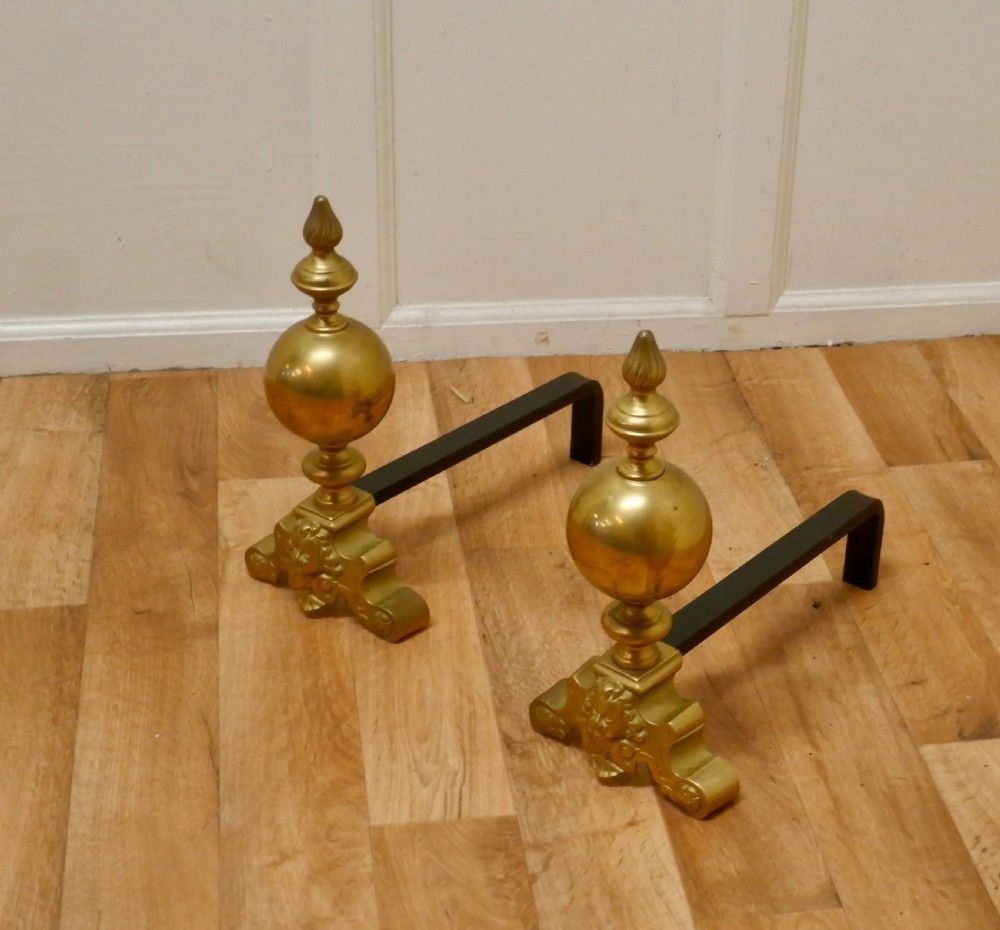 Large Pair Of French Brass Andirons, Fire Dogs Or Chenets photo for sale