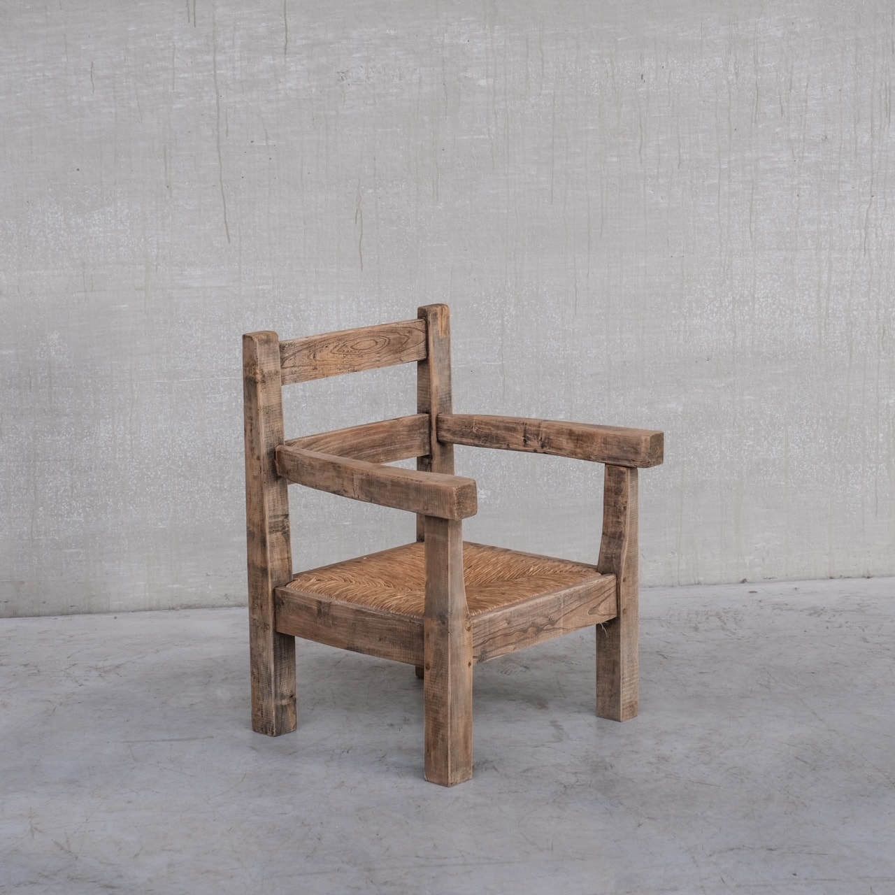 Pair Of Mid Century French Rush Primitive Oak Armchairs photo 1450.0