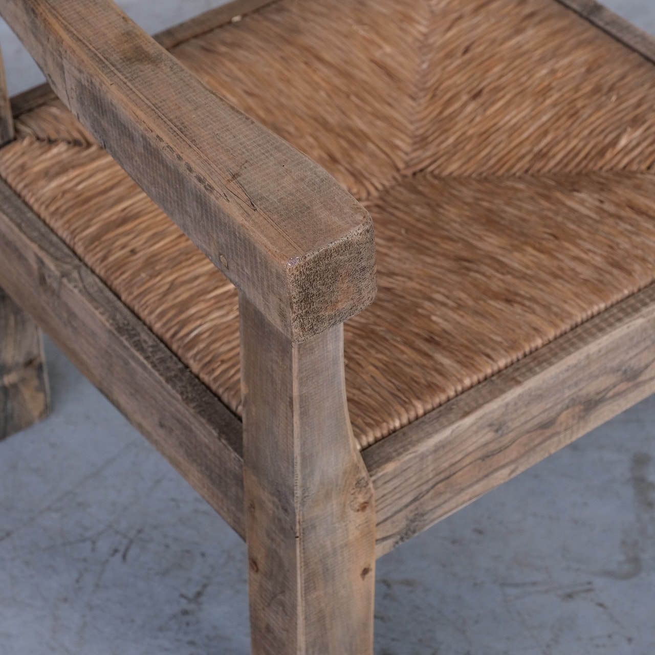 Pair Of Mid Century French Rush Primitive Oak Armchairs photo vinterior