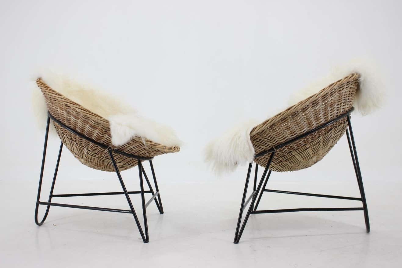 1960s Pair Of Rattan Woven Basket Chair With Icelandic Sheepskin photo furniture