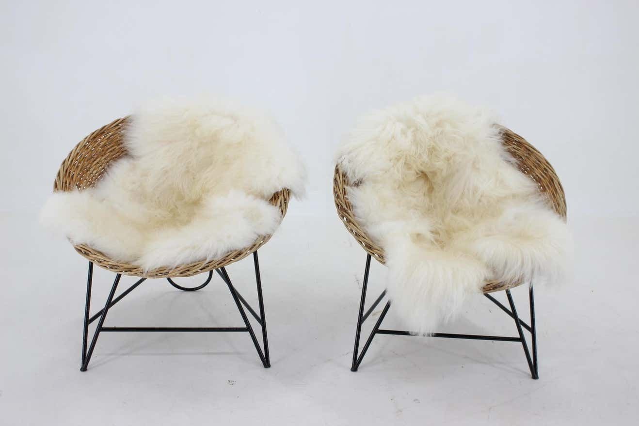 1960s Pair Of Rattan Woven Basket Chair With Icelandic Sheepskin photo Furniture