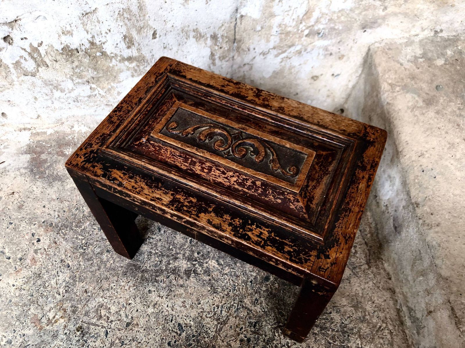 Antique Wooden Carved Foot Stool   Rustic Country Home photo for sale