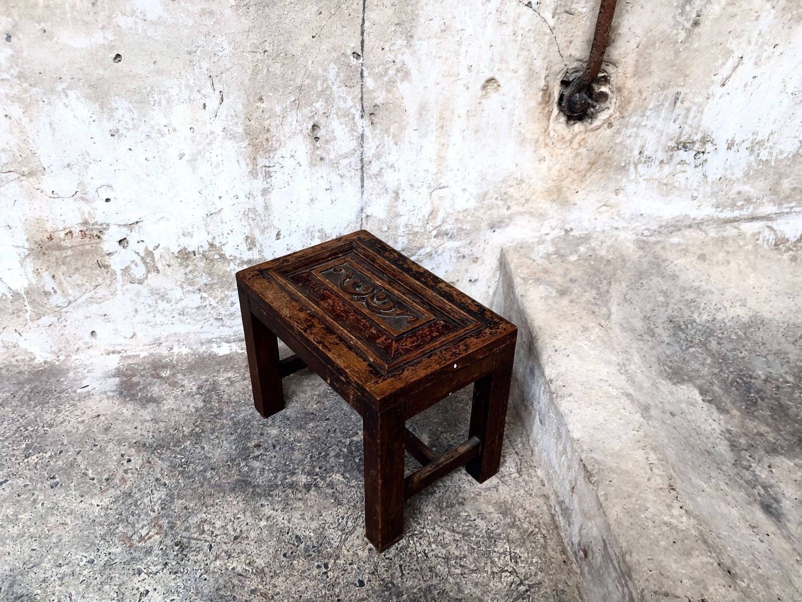 Antique Wooden Carved Foot Stool   Rustic Country Home photo vintage