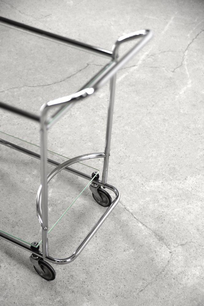 Vintage Art Dèco Tubular Steel Chrome Plated And Glass Bar Cart, 1950s photo furniture