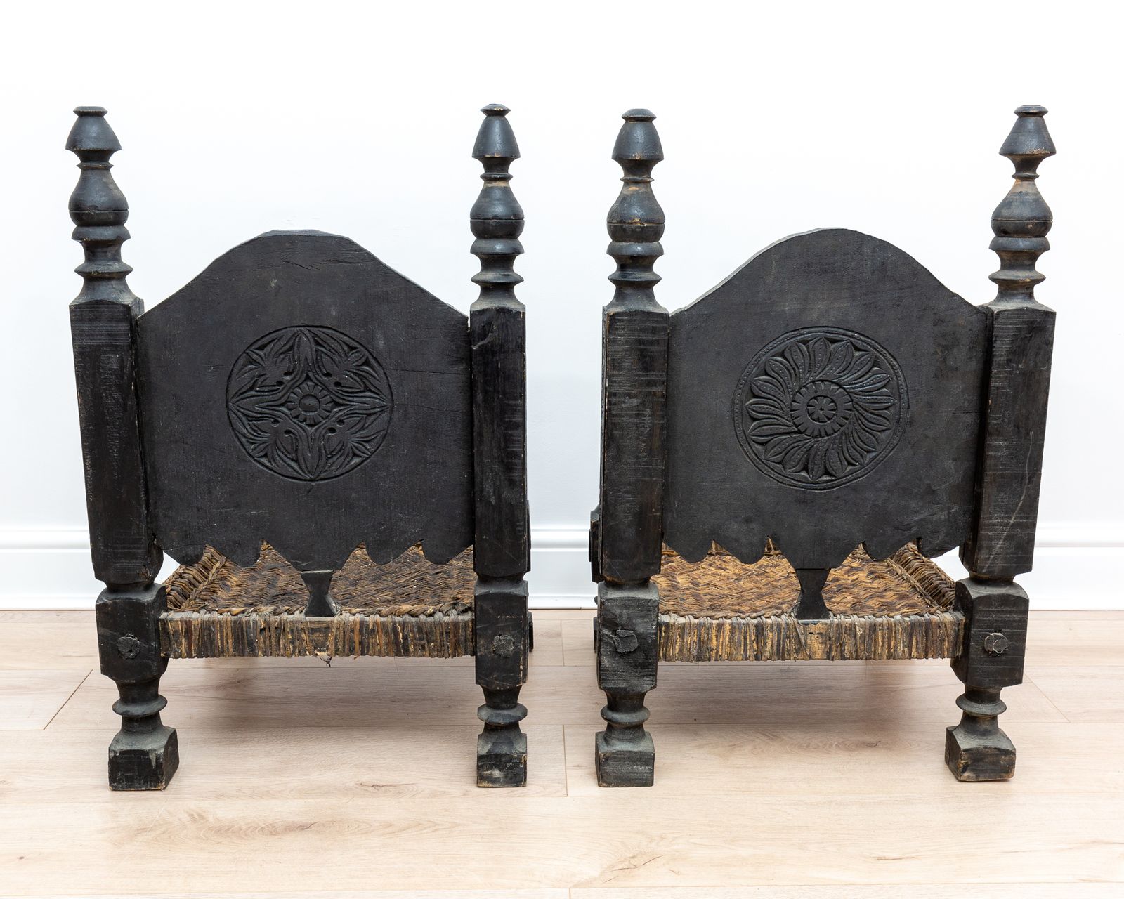 Pair Of Antique Carved Swat Valley Low Ebonised Carved Wedding Leather Chairs Ethnic Tribal photo Furniture