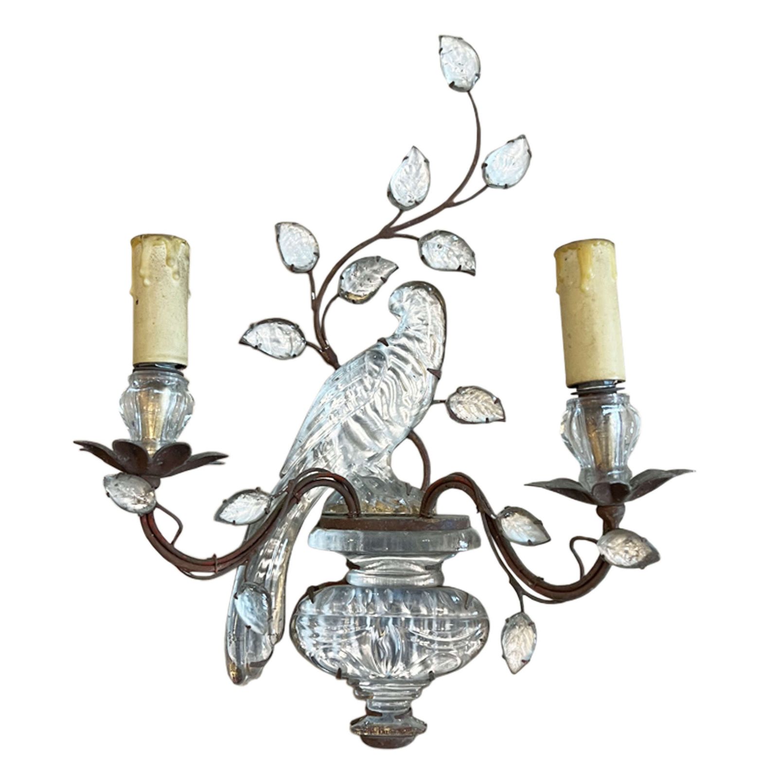 Pair Of Maison Baguès Wall Sconces With Parrot And Urn Decoration photo for sale