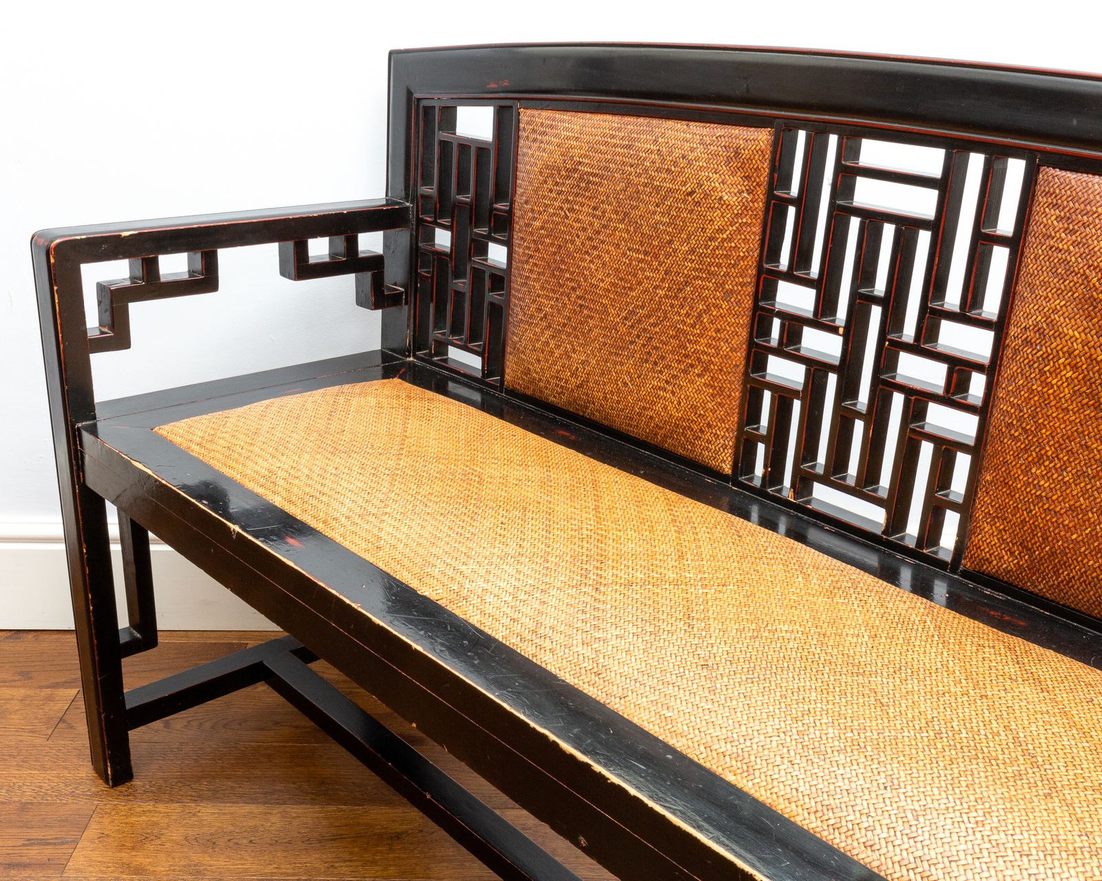 Rare Chinese Fretwork Black Lacquered Ebonised Rattan Bench Vintage Hallway Entrance Seat photo 1450.0