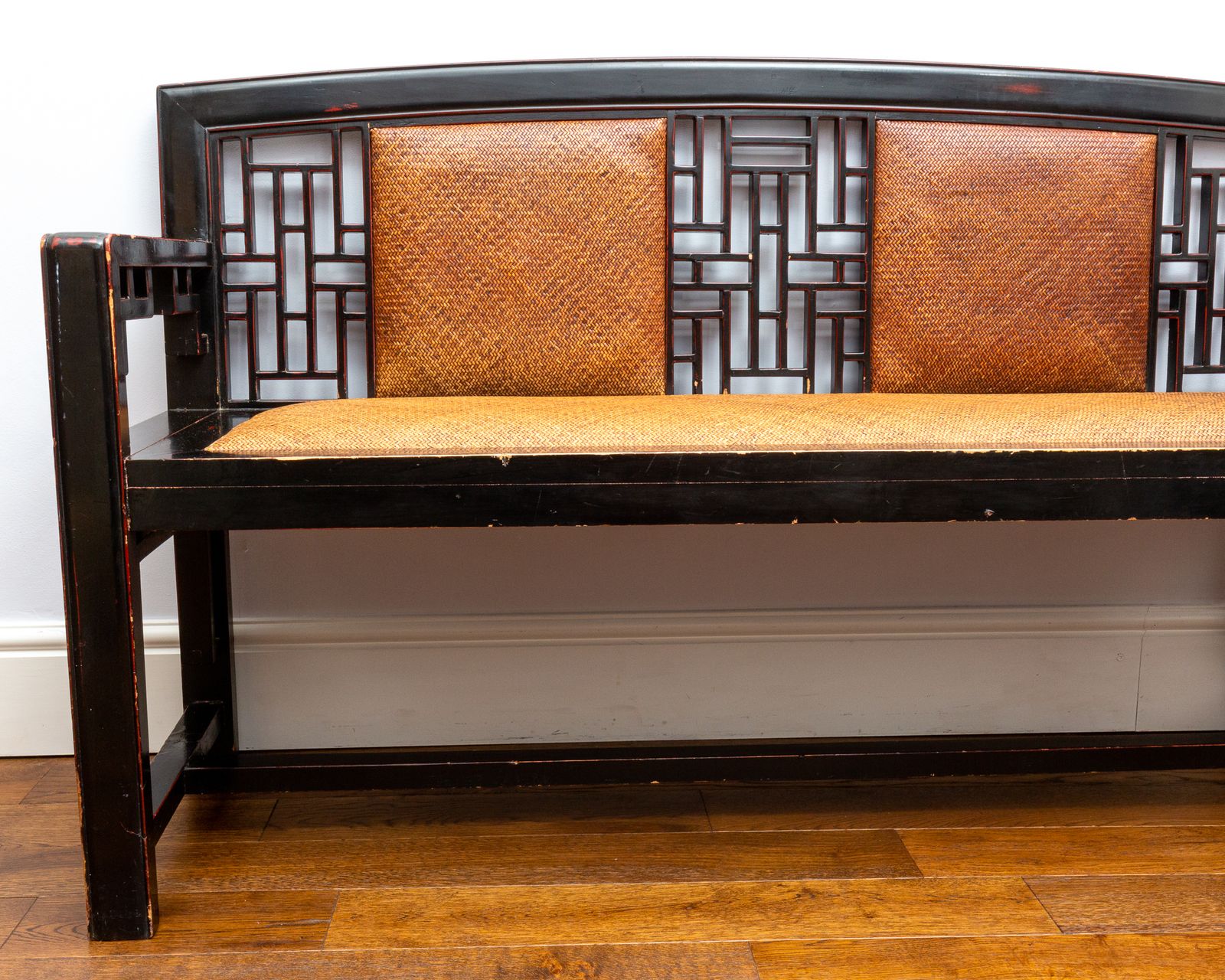 Furniture Rare Chinese Fretwork Black Lacquered Ebonised Rattan Bench Vintage Hallway Entrance Seat photo
